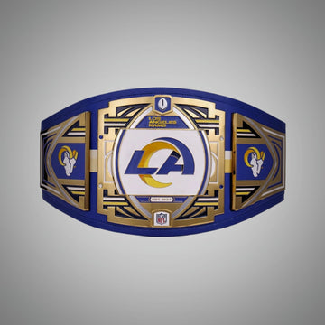 This image showcases the front view of the Los Angeles Rams NFL Legacy Championship Title Belt, crafted in adult size. A perfect accessory for Rams fans and collectors, capturing the essence of the team's legacy.