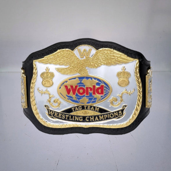 WWE World Tag Team Championship Belt – Classic Edition with gold plates and a globe centerpiece.