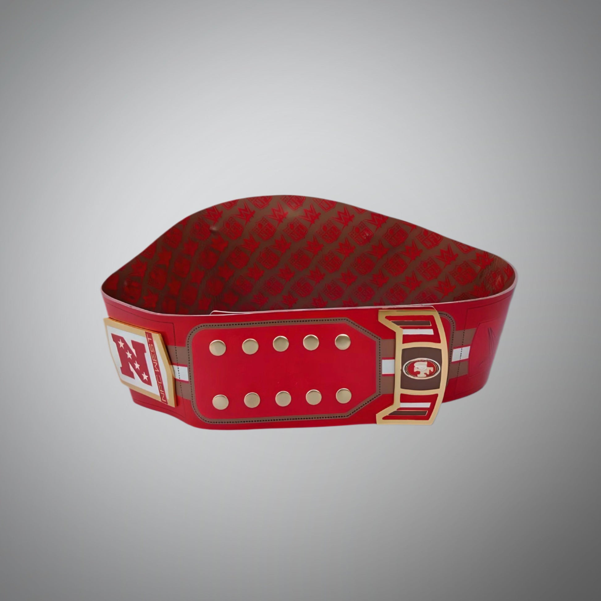 NFL 49ers championship belt with WWE legacy title features.