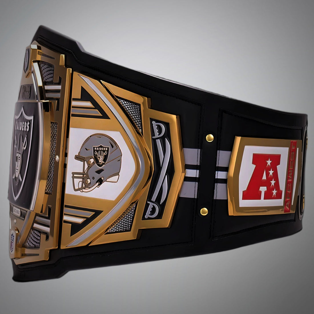This image showcases the front view of the Las Vegas Raiders Championship Belt NFL Legacy Replica, providing a comprehensive look at its design and quality craftsmanship. Perfect for fans looking to support the Raiders in style.