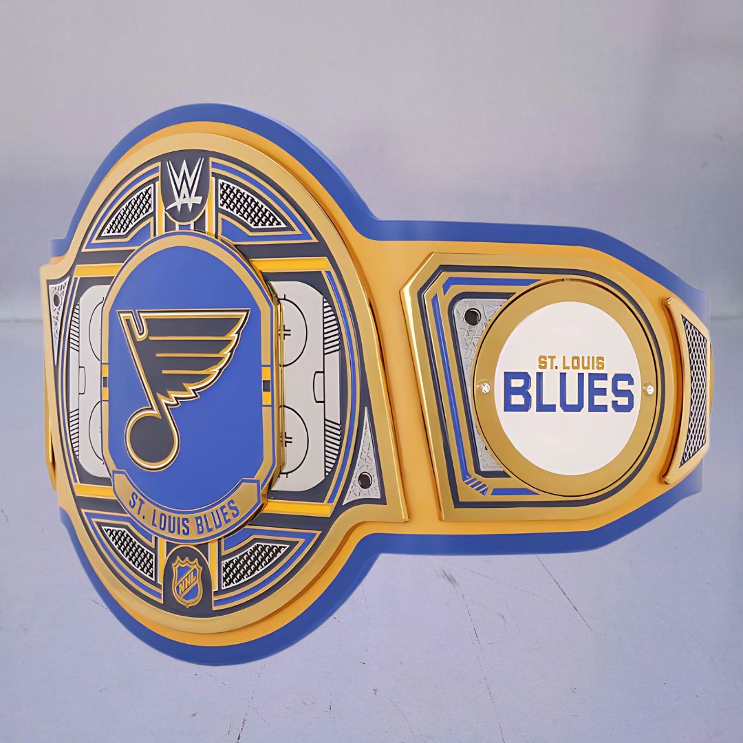 Close-up of the St. Louis Blues WWE Championship Belt, showcasing blue and gold accents.