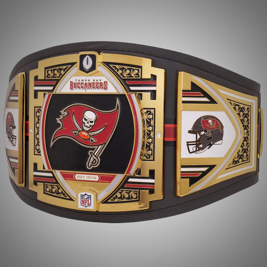 Tampa Bay Buccaneers Championship Belt featuring WWE and NFL Legacy Title design.