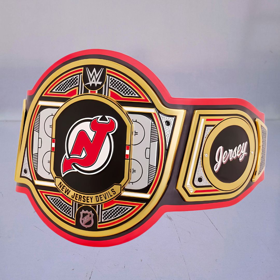 Close-up of the New Jersey Devils WWE Championship Belt, showcasing red and black accents.