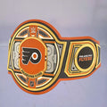 Close-up of the Philadelphia Flyers WWE NHL Championship Belt, showcasing team colors and logo details.