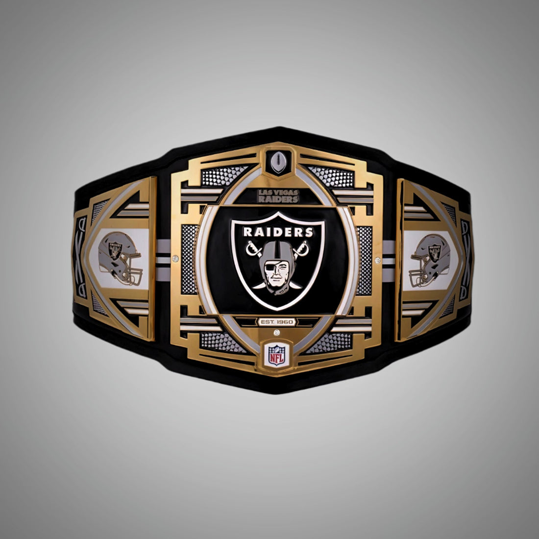 This image showcases the front view of the Las Vegas Raiders Championship Belt NFL Legacy Replica, providing a comprehensive look at its design and quality craftsmanship. Perfect for fans looking to support the Raiders in style.