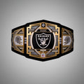 This image showcases the front view of the Las Vegas Raiders Championship Belt NFL Legacy Replica, providing a comprehensive look at its design and quality craftsmanship. Perfect for fans looking to support the Raiders in style.