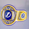 Close-up of the Tampa Bay Lightning WWE Championship Belt, showcasing blue and white accents.