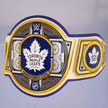 Close-up of the Toronto Maple Leafs WWE Championship Belt, showcasing blue and white accents.