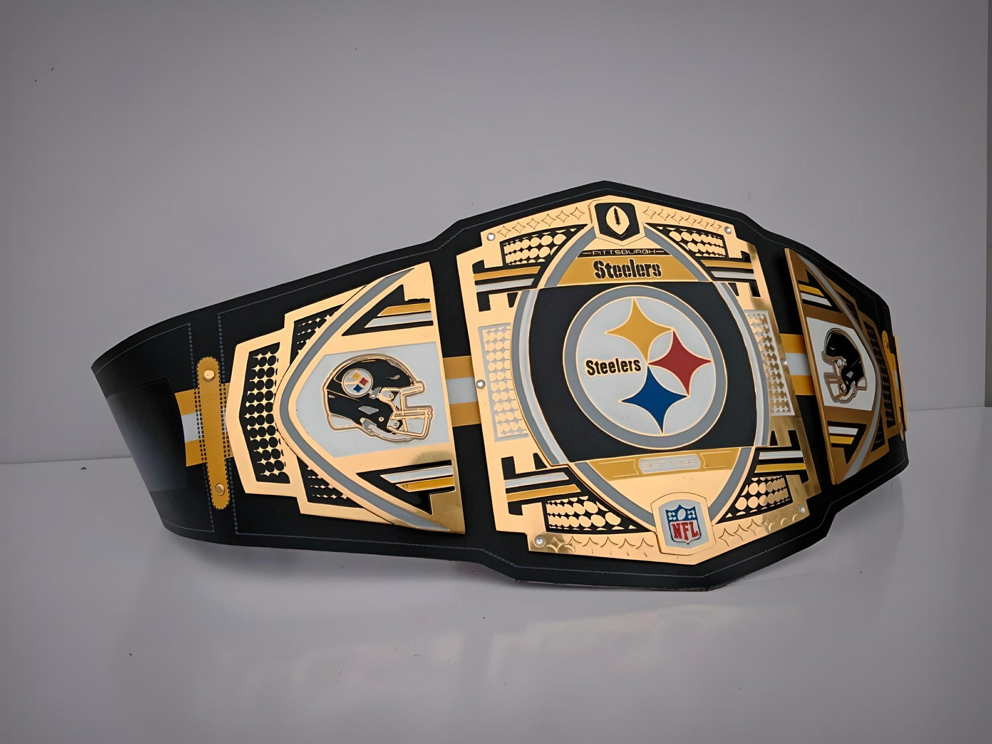 Exclusive Pittsburgh Steelers championship belt combining WWE and NFL elements.