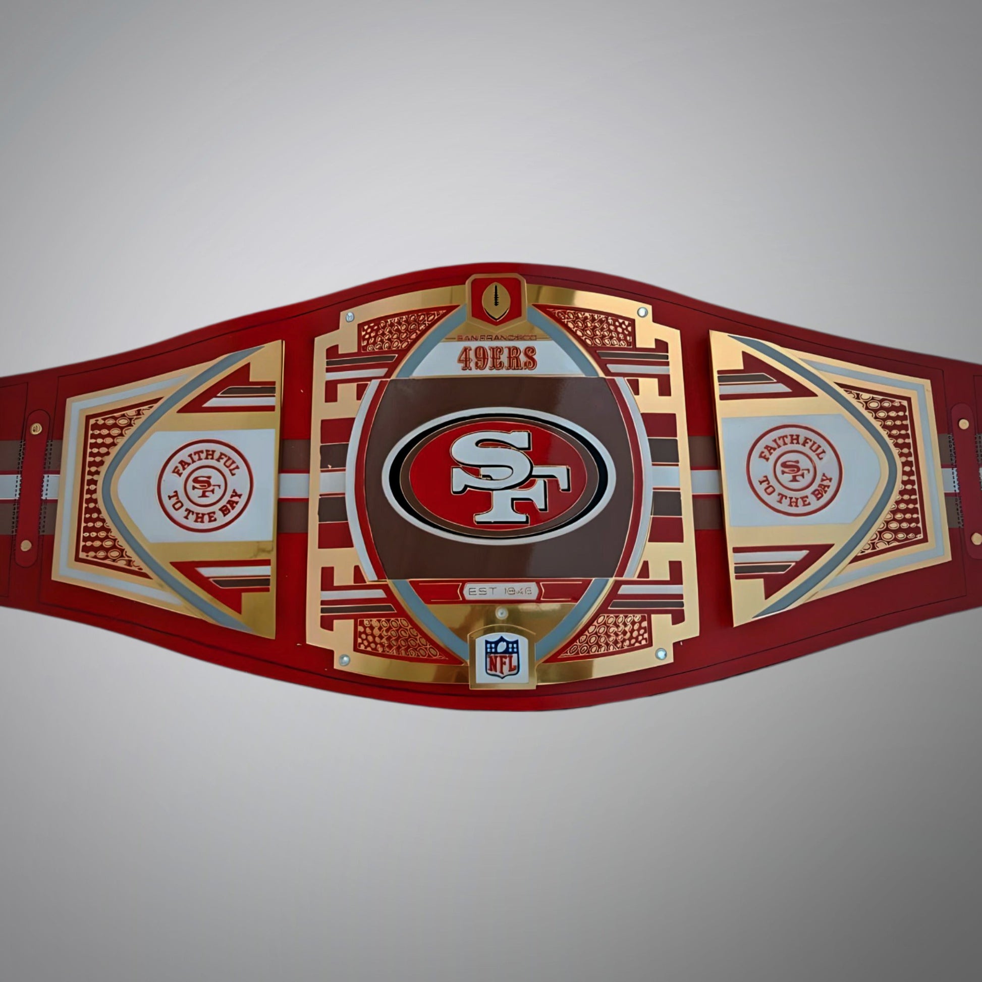 Exclusive San Francisco 49ers title belt merging WWE and NFL heritage.