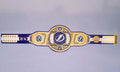 Detailed view of the Tampa Bay Lightning WWE Championship Belt, featuring embossed logos and a polished finish.