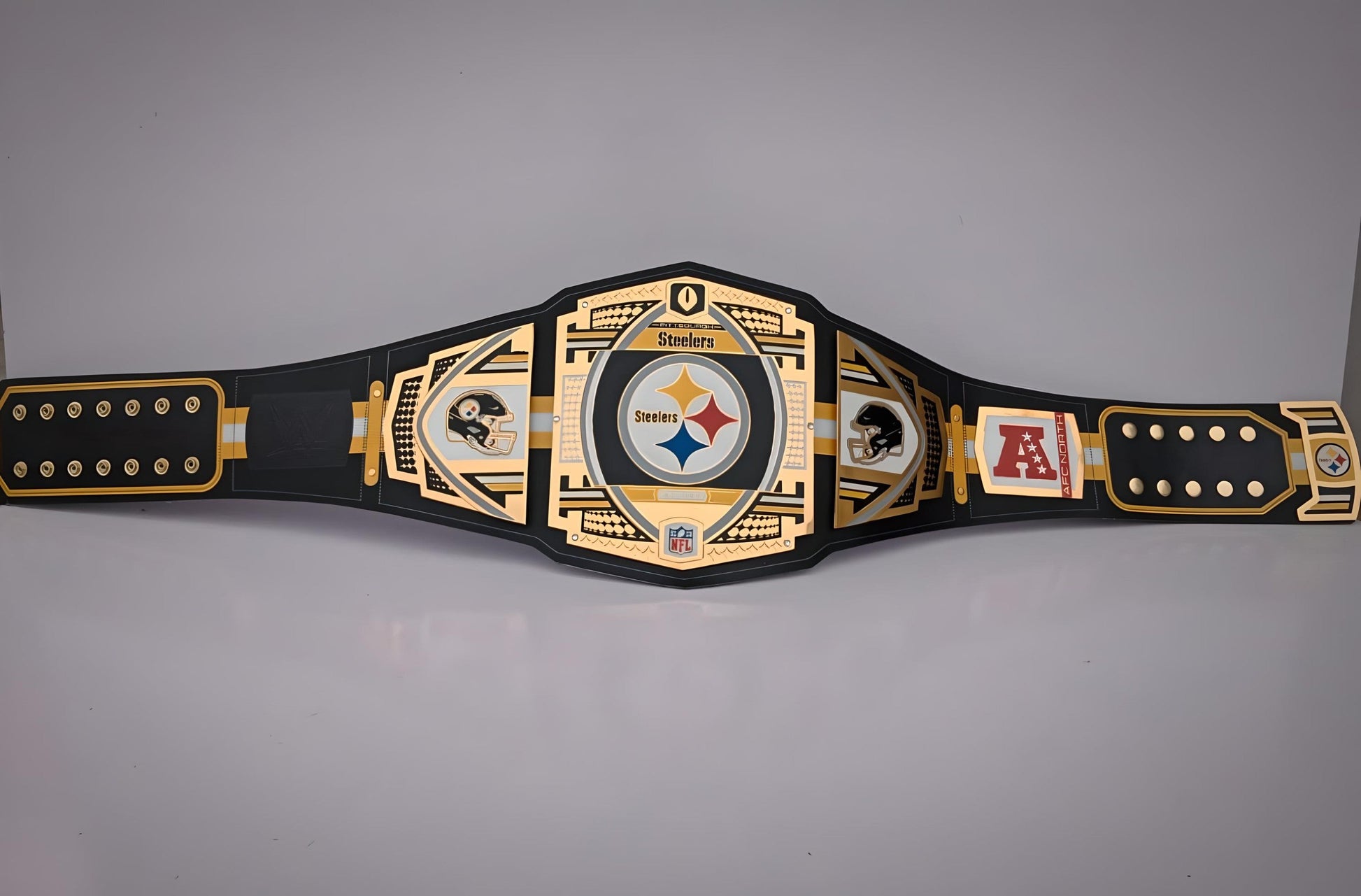 Pittsburgh Steelers WWE-style belt showcasing championship legacy branding.