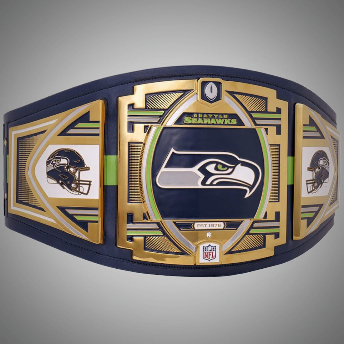 Seattle Seahawks Championship Belt featuring WWE and NFL Legacy Title design.