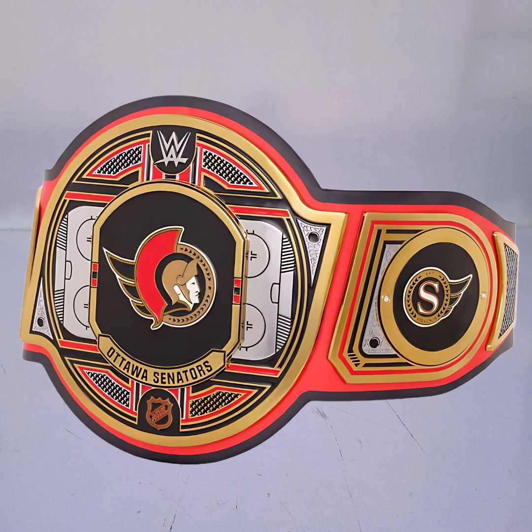 Close-up of the Ottawa Senators WWE Championship Belt, showcasing red and black accents.