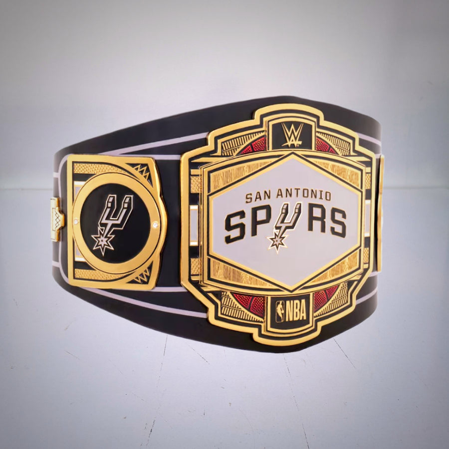 Detailed view of the San Antonio Spurs WWE Legacy Championship Title.