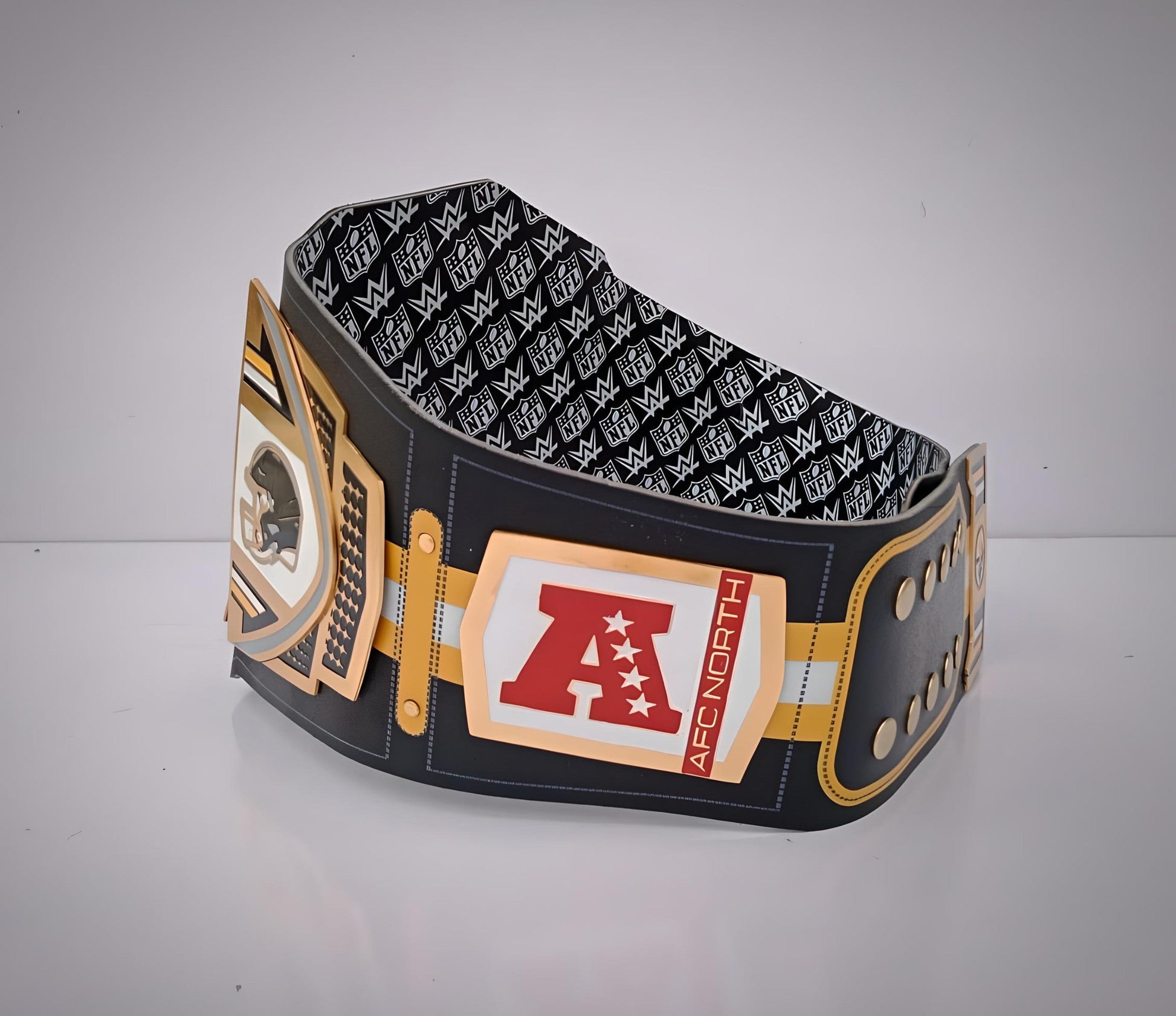 Official Pittsburgh Steelers championship belt merging WWE and NFL heritage.