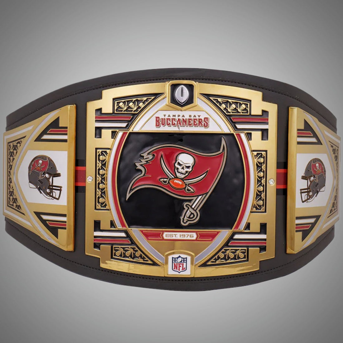 Tampa Bay Buccaneers Championship Belt featuring WWE and NFL Legacy Title design.
