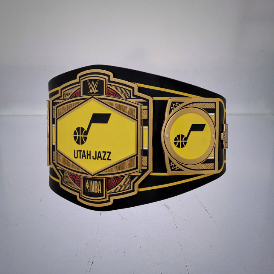 Utah Jazz WWE NBA Legacy Belt featuring black and yellow design.