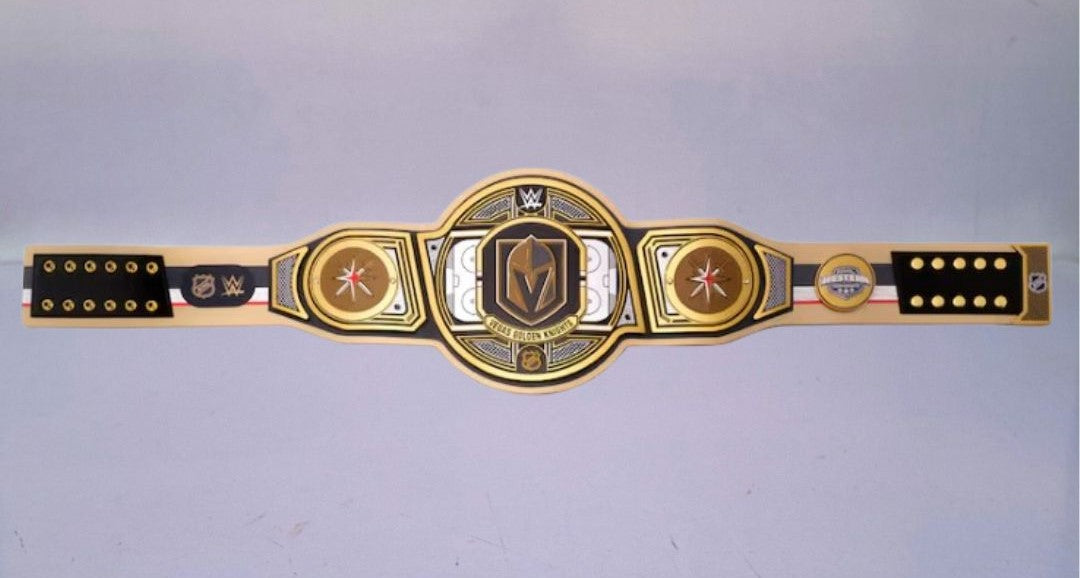 Vegas Golden Knights NHL Legacy Title belt displayed on a stand, representing team pride and championship spirit.
