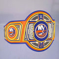 Close-up of the New York Islanders WWE Championship Belt, showcasing blue and orange accents.