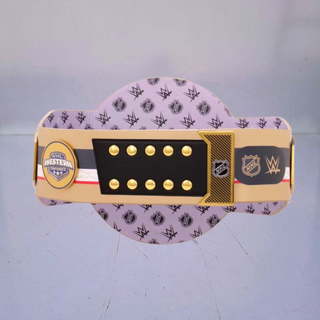 WWE-style championship belt customized for Vegas Golden Knights fans, blending hockey and wrestling traditions.